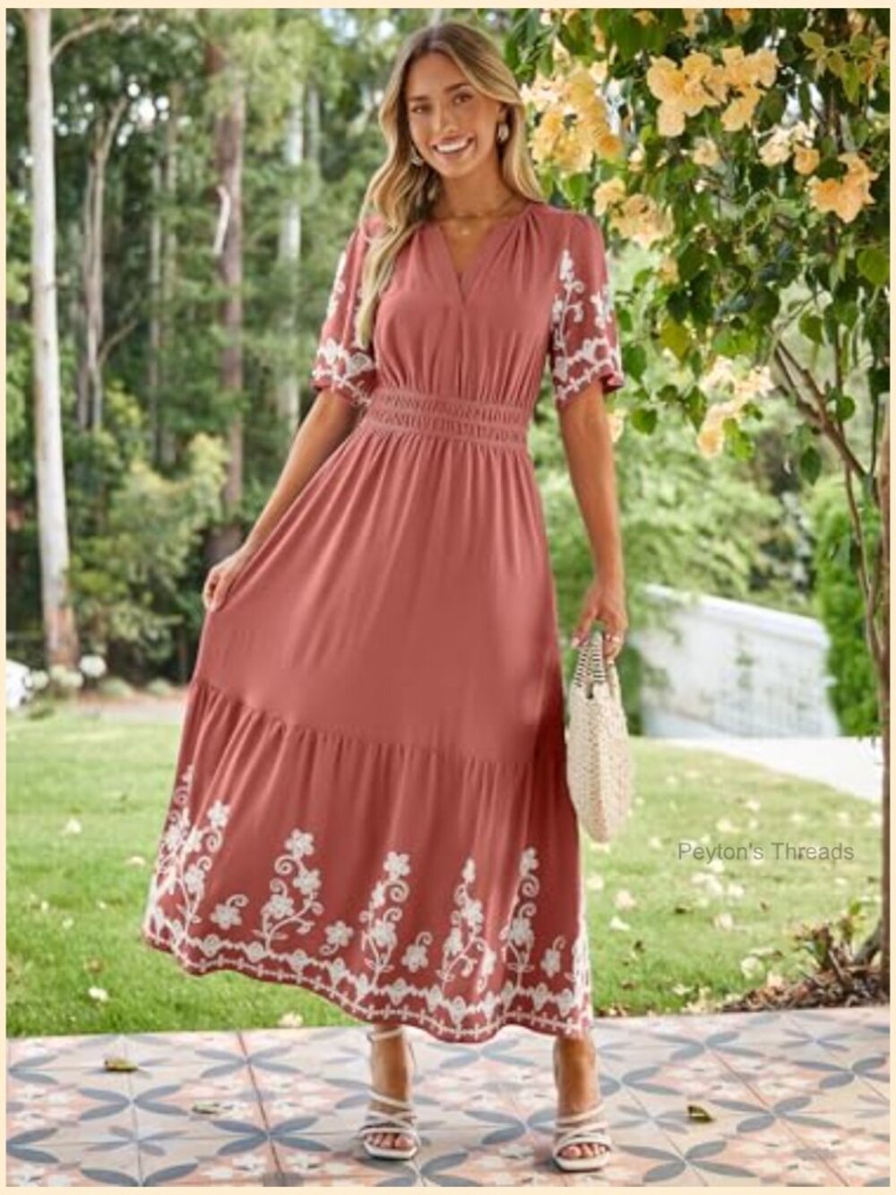 Women's Embroidered Floral Boho Maxi Dress V-Neck Short Sleeve A-Line - Picture 2 of 7
